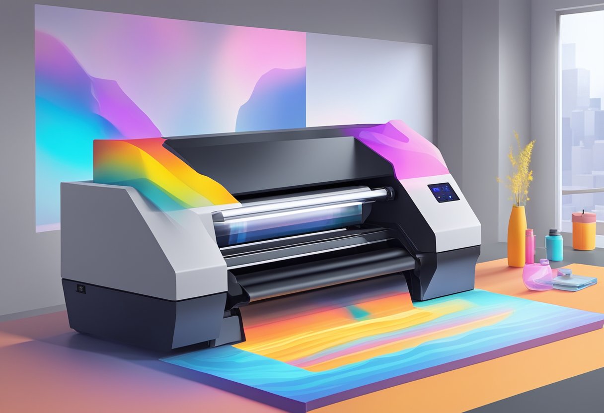 UV printer spraying ink onto a flat surface, with UV light curing the ink instantly