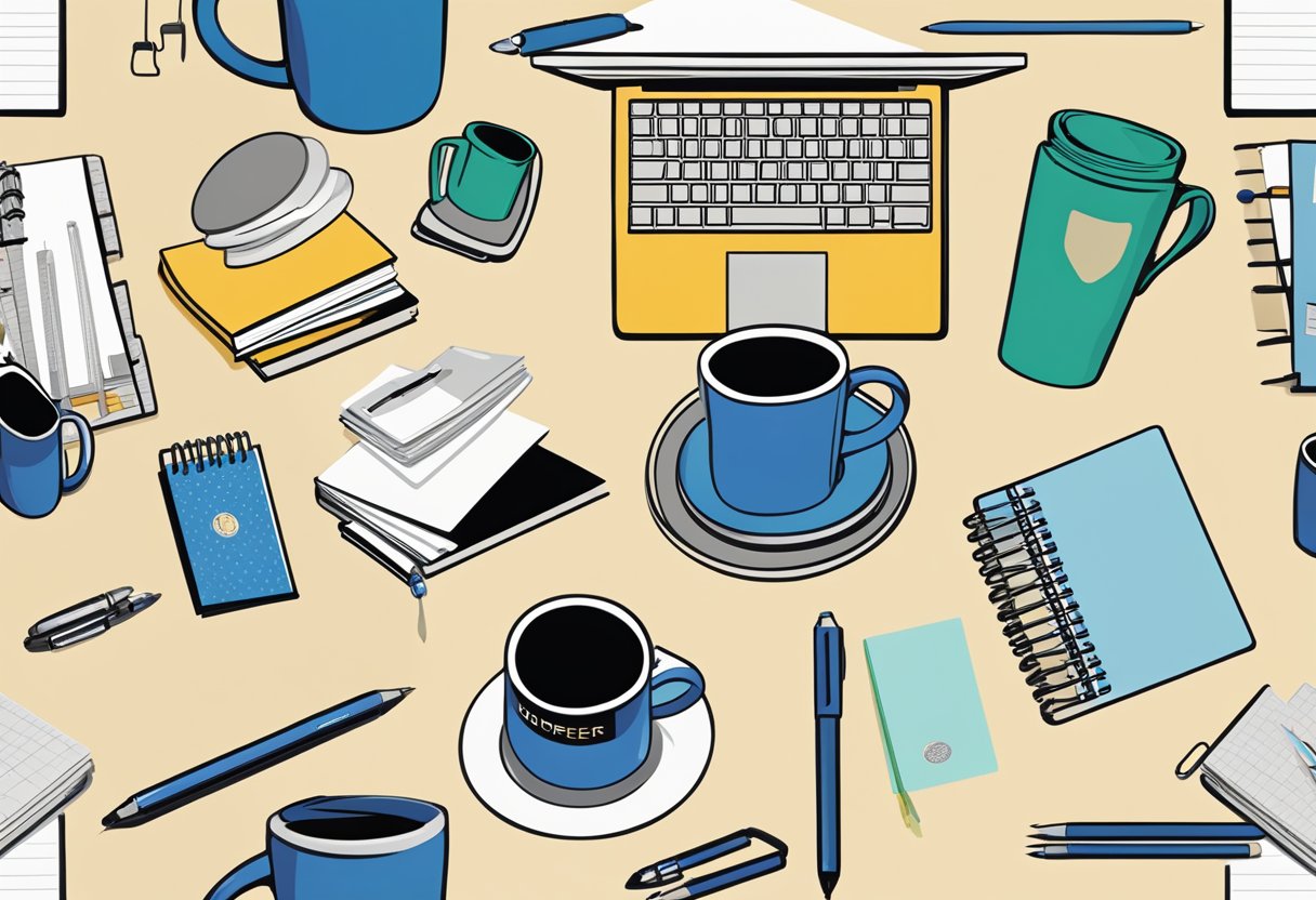 A table displays branded corporate gifts: mugs, pens, and notebooks. A company logo is prominently featured on each item