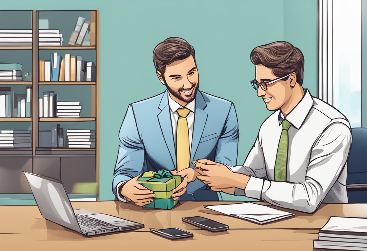 A businessman presenting a branded gift to a client in a professional setting