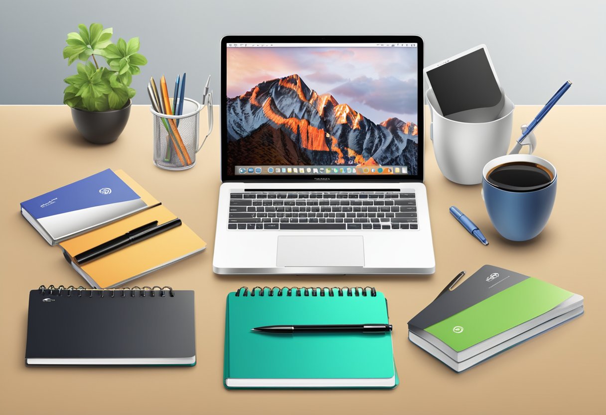A table with branded notebooks, pens, and tech gadgets. A banner with the company logo hangs in the background