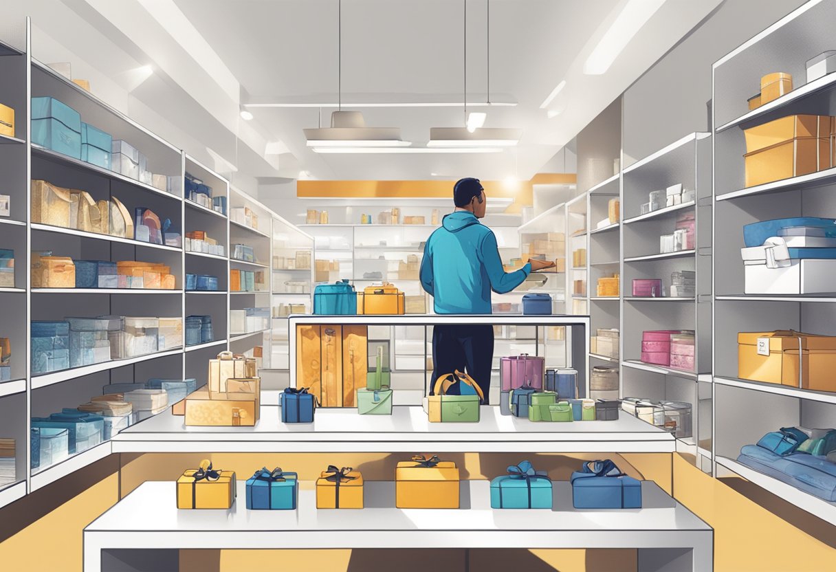 A person browsing through a variety of branded corporate gifts displayed on shelves and tables in a well-lit showroom