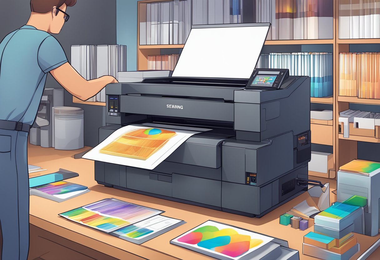 A UV printer in operation, with a stack of printed materials nearby and a technician adjusting the settings