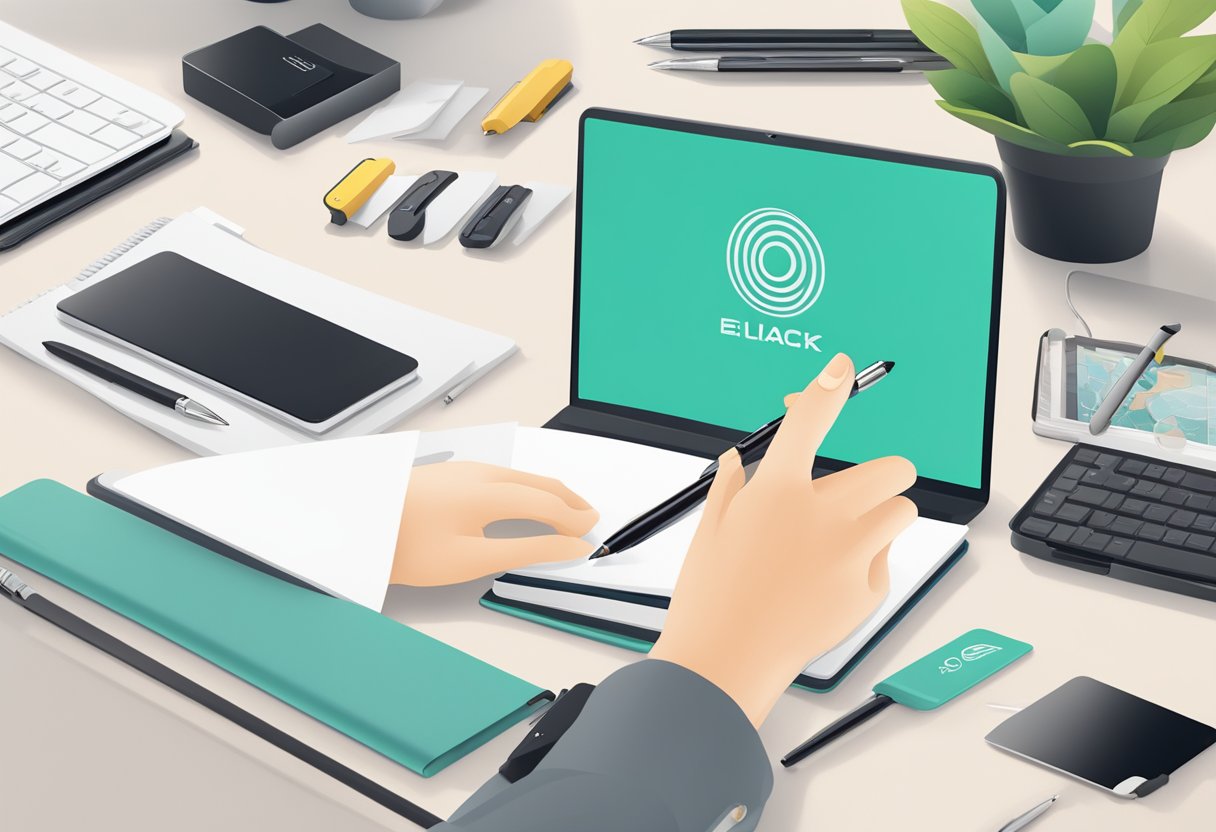 A hand reaches for a sleek pen set on a desk, surrounded by elegant notebooks and tech accessories, all bearing the company's logo