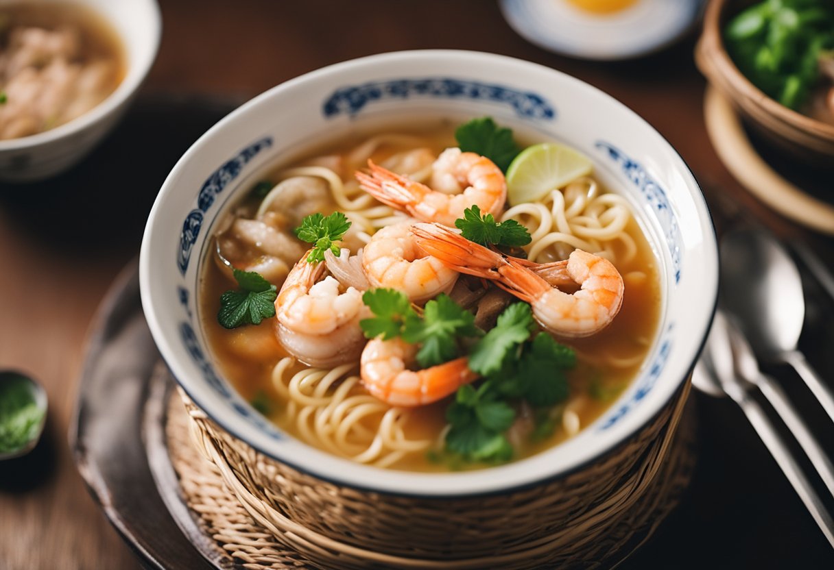 A steaming bowl of prawn noodle soup with slices of tender pork, succulent prawns, and fragrant herbs, served in a traditional Singaporean hawker center
