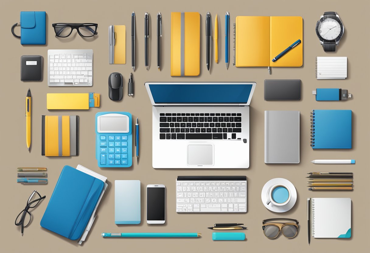 A desk with a variety of corporate gift items such as branded pens, notebooks, and tech accessories neatly arranged on it