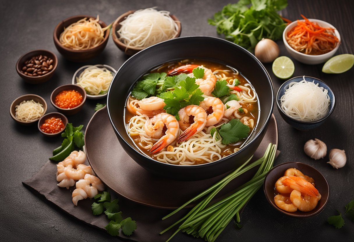 A bowl of prawn noodle soup with prawns, noodles, bean sprouts, and chili garnish, surrounded by ingredients such as garlic, shallots, and pork ribs
