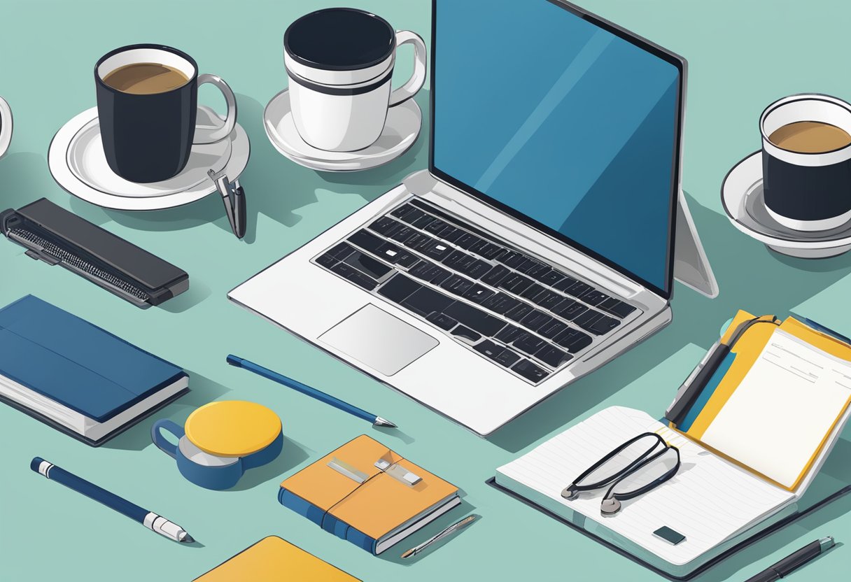 A table filled with branded merchandise: mugs, notebooks, and tech gadgets. A sign reads "Frequently Asked Questions: useful gifts for corporate."