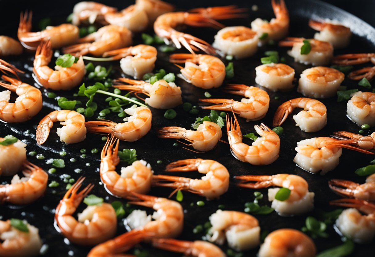 Prawns sizzle in a wok with garlic and ginger. Noodles boil in a pot. Aromatics and sauces are lined up on the counter