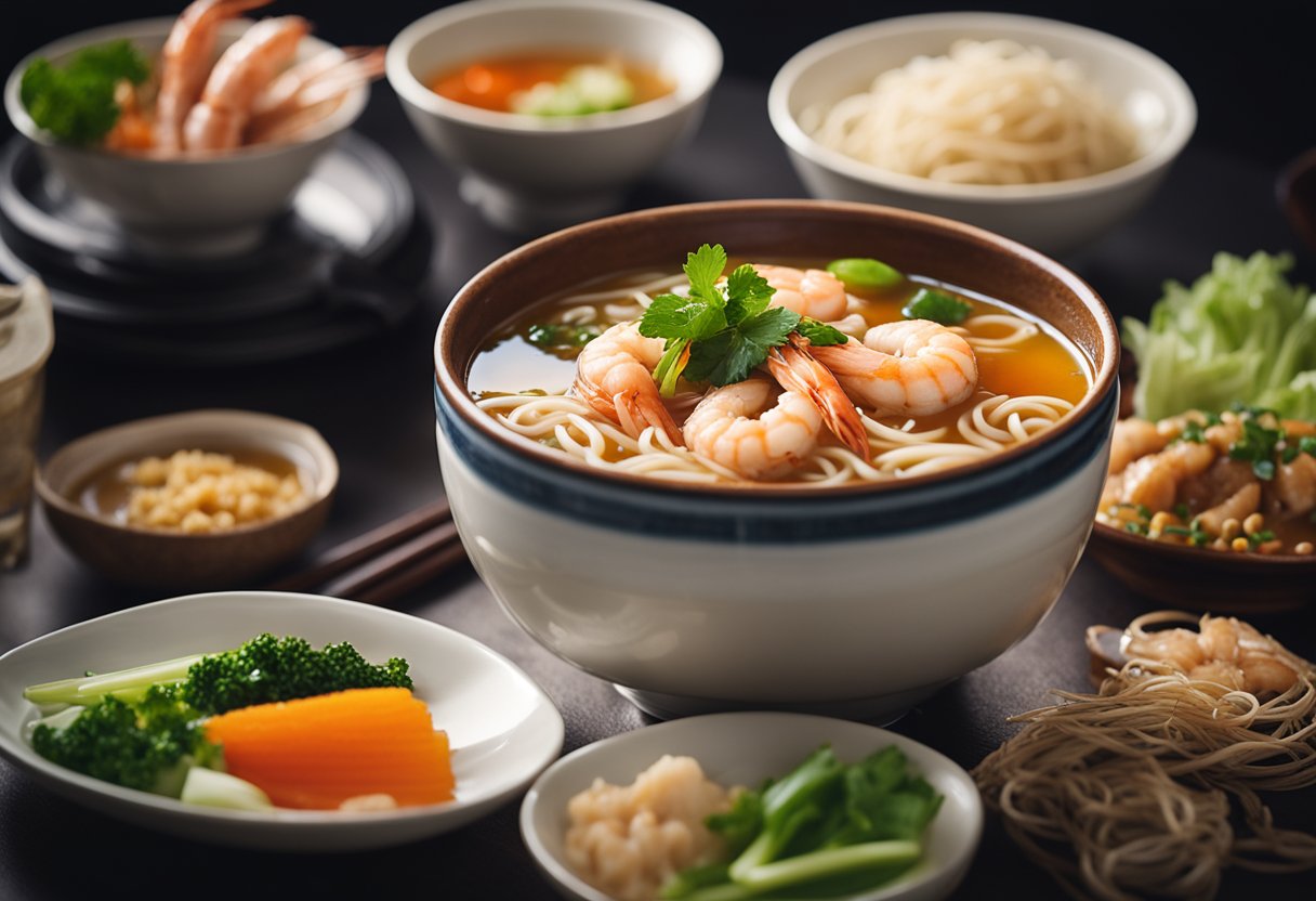 A steaming bowl of prawn noodle soup sits on a table, surrounded by condiments and utensils. The rich broth and fresh ingredients are visually appealing