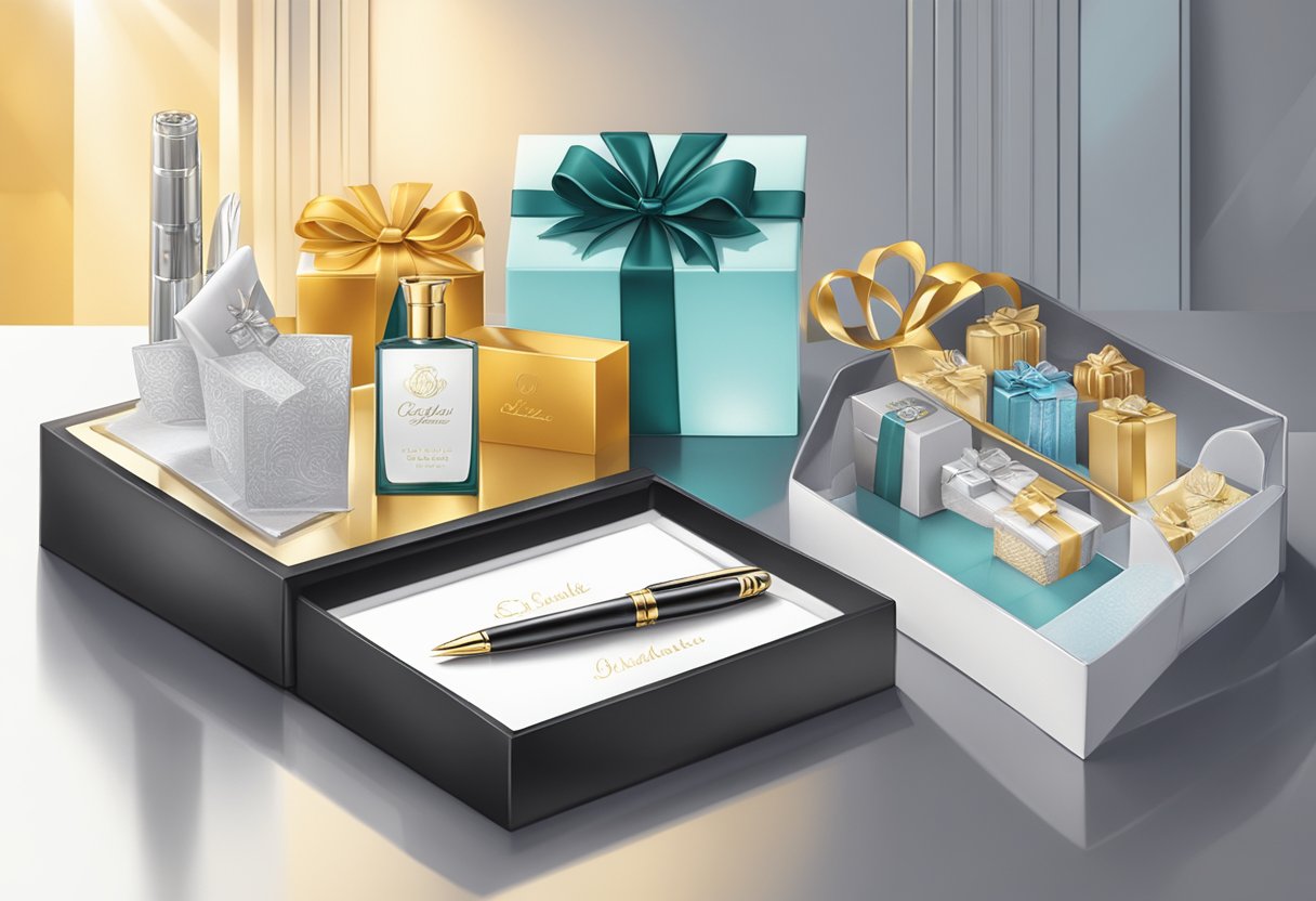 A table adorned with elegant, personalized gifts. A sleek pen set, a custom-engraved plaque, and a luxurious gift basket. Bright lights and a corporate logo in the background