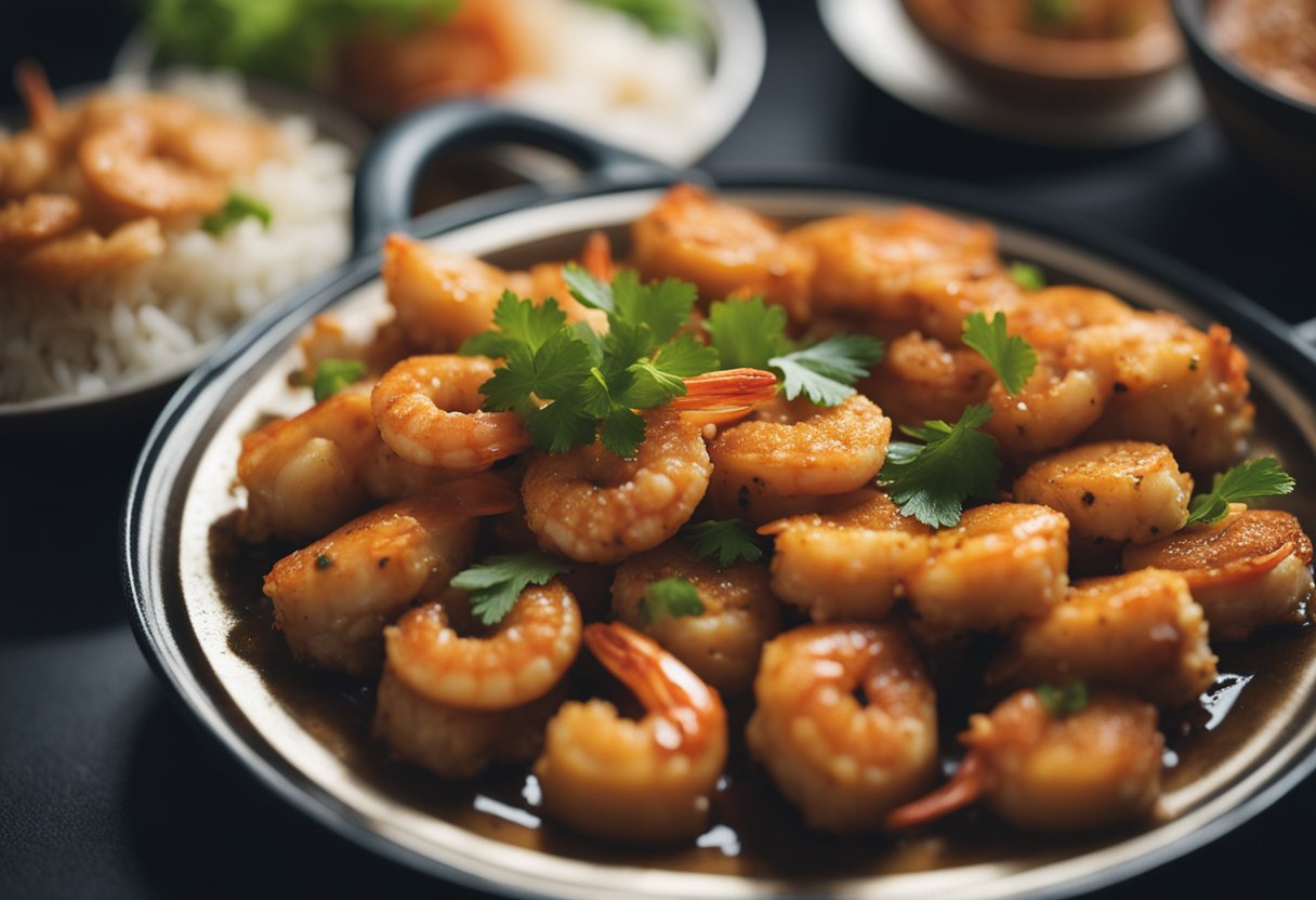 A plate of prawn paste chicken sizzling on a hot pan, with steam rising and a golden, crispy coating