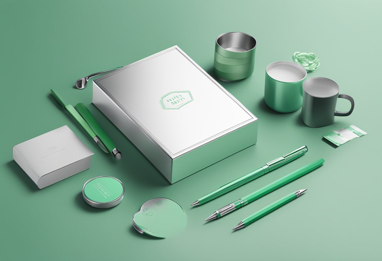 A sleek silver box with "mint corporate gift" engraved on the lid, filled with neatly arranged mint green items, such as notebooks, pens, and a branded mug