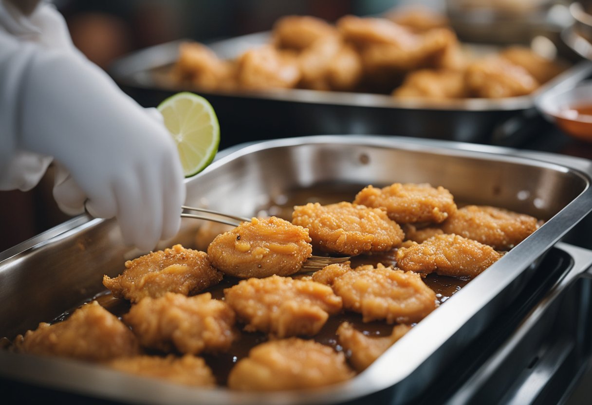 Prawn paste chicken being marinated, then fried till golden brown