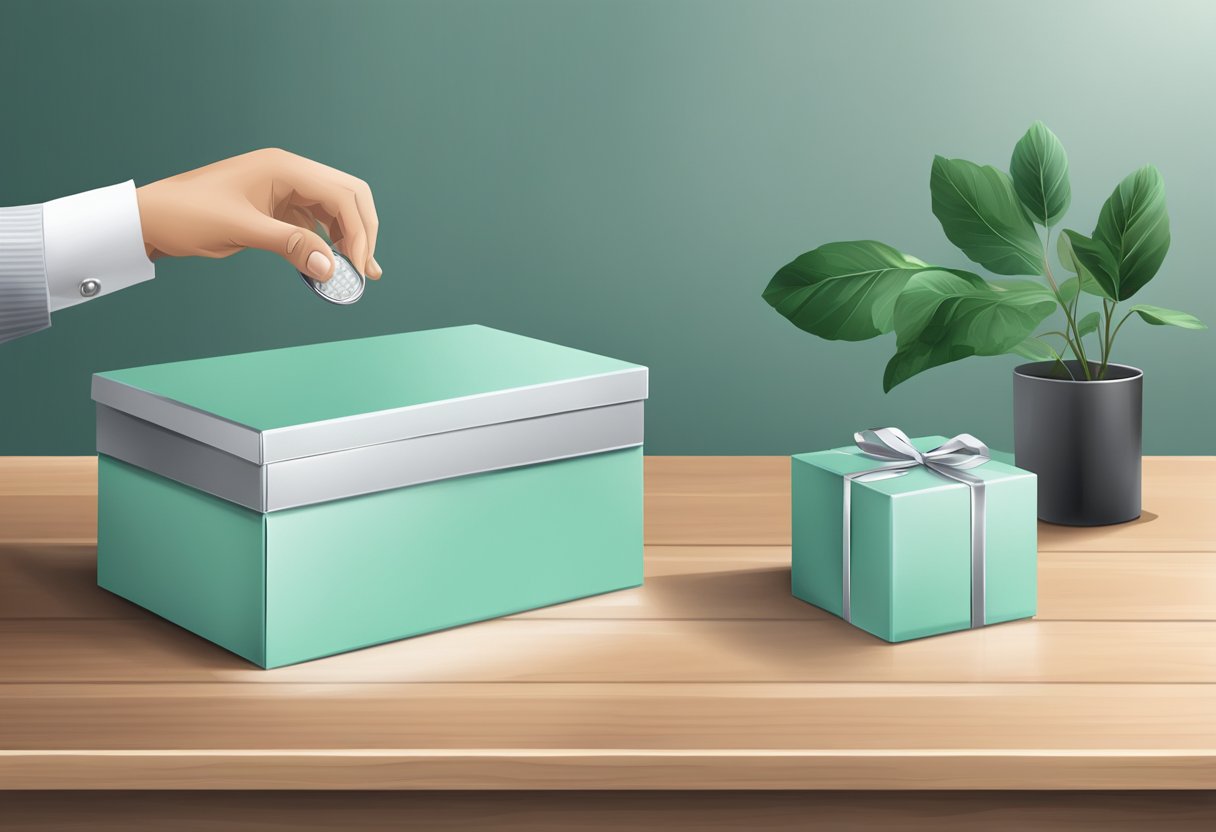A hand reaches for a sleek, silver mint corporate gift box on a polished wooden desk