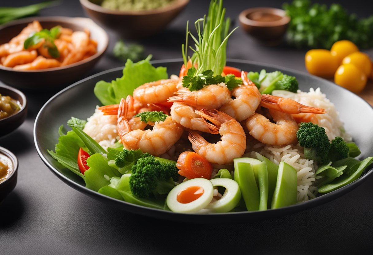 A plate of prawn paste chicken, surrounded by vibrant vegetables and garnished with fresh herbs, is being enjoyed by a diner