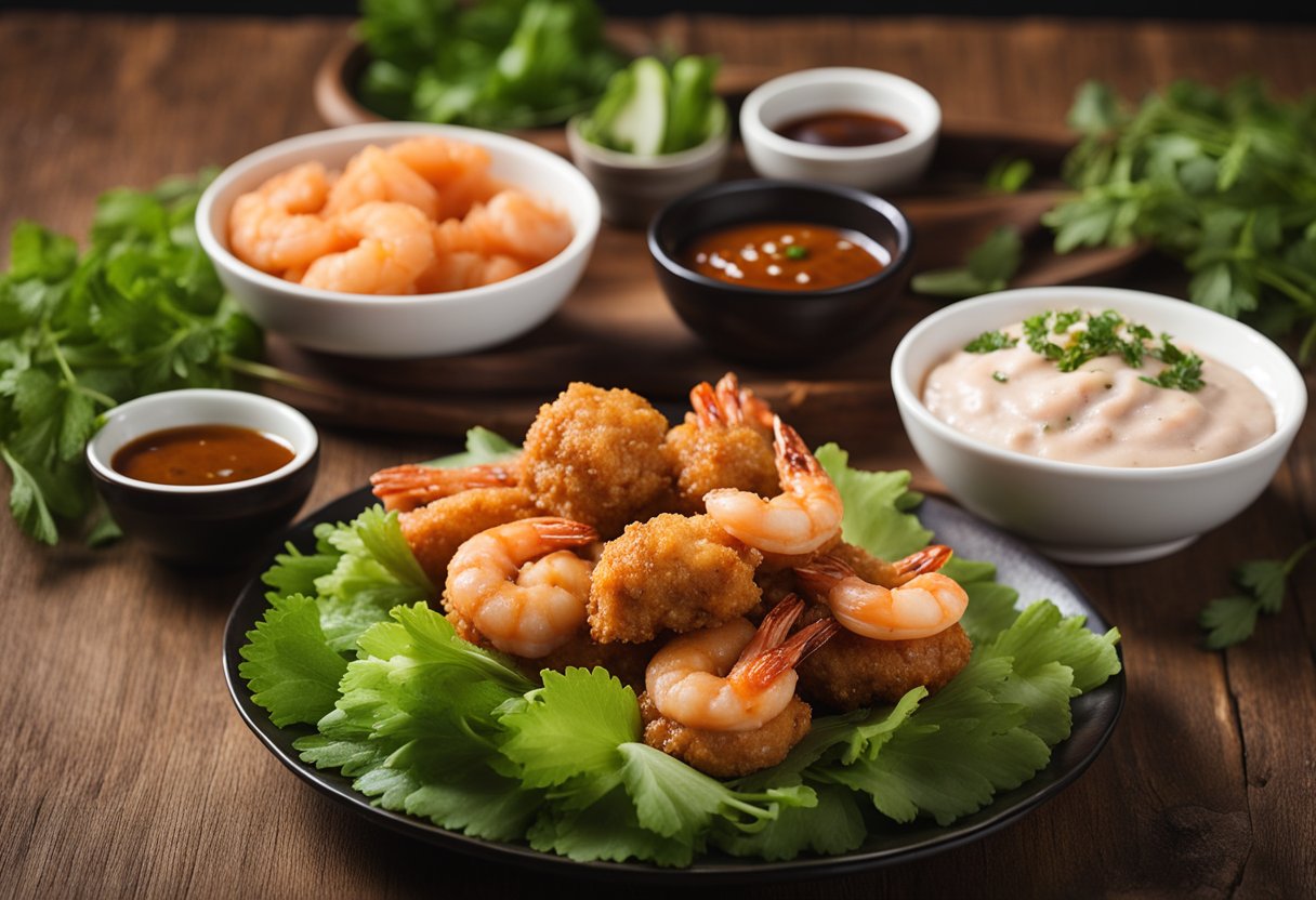 A plate of prawn paste chicken with a side of dipping sauce, garnished with fresh herbs and served on a wooden table