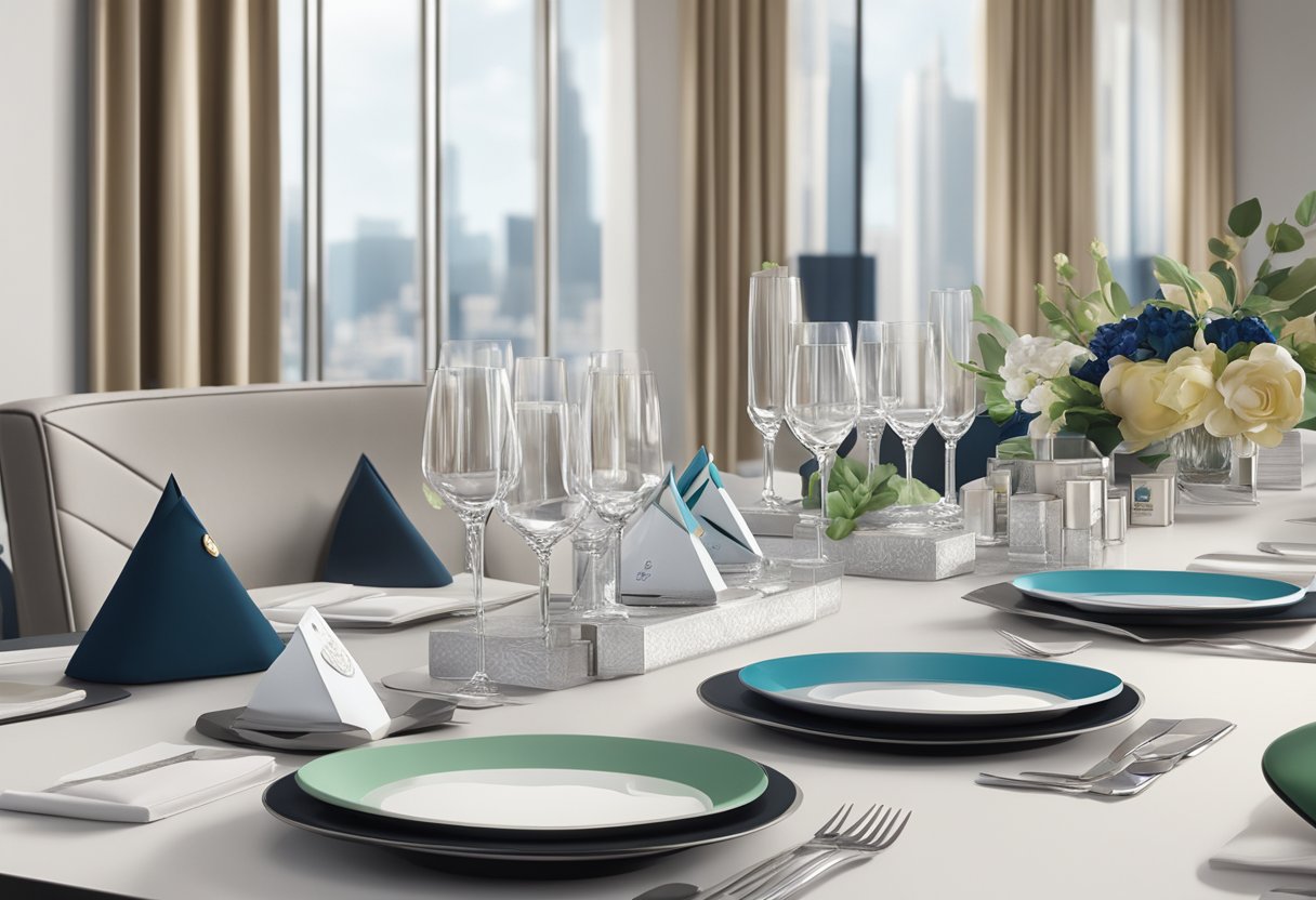 A table adorned with elegant corporate gifts, including custom-branded items and luxurious gift sets, displayed in a sophisticated setting
