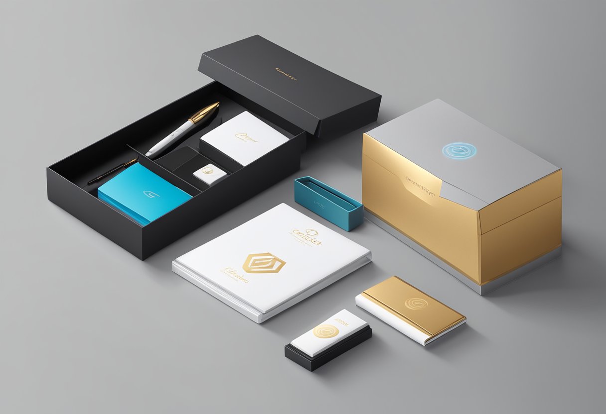 A sleek, modern gift box with the company's logo prominently displayed, surrounded by a variety of high-quality, sophisticated corporate gifts such as pens, notebooks, and electronic accessories
