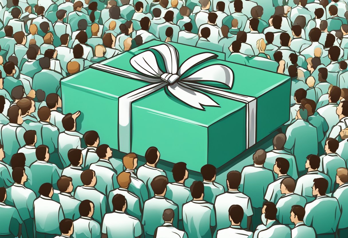 A mint corporate gift box surrounded by question marks and a crowd of curious onlookers