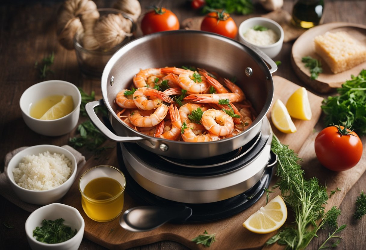 Prawns being cleaned and deveined. Pasta boiling in a pot. A pan with garlic and olive oil heating up. Chopped tomatoes and herbs on the counter