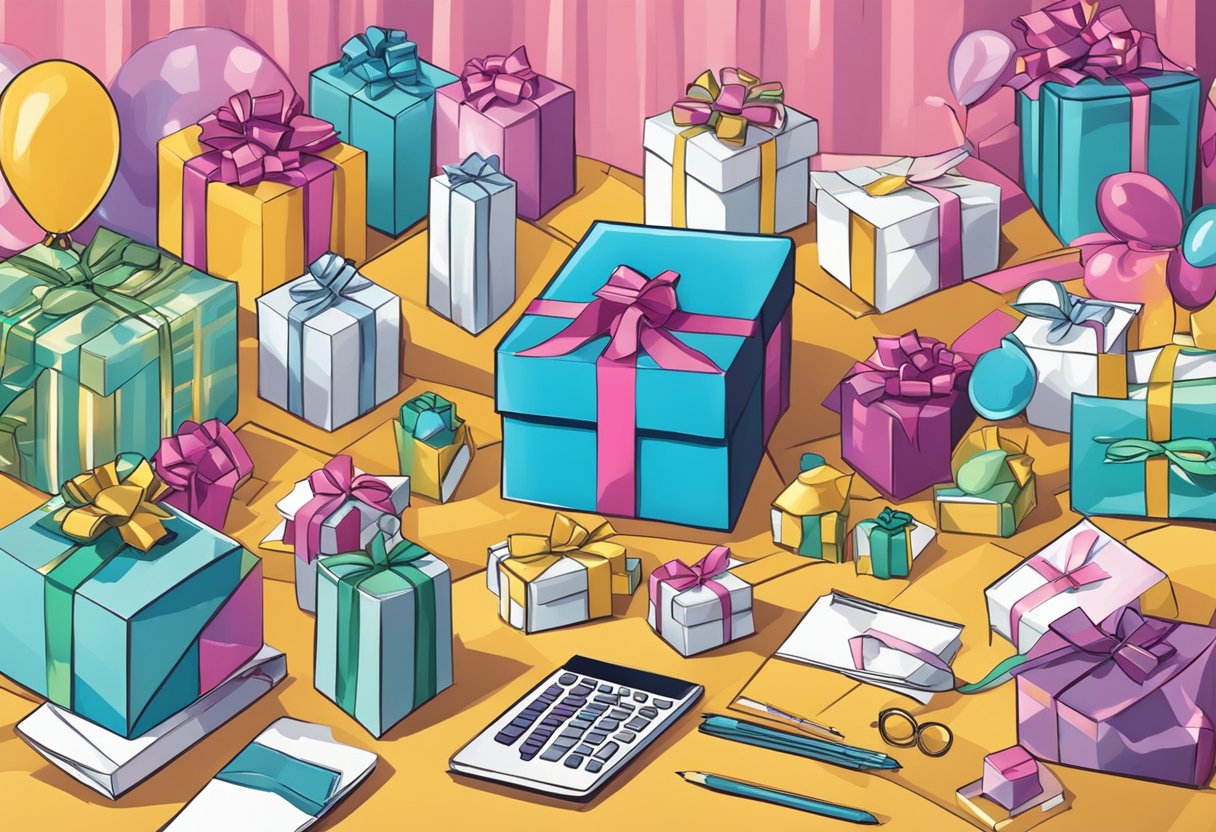 A table with various unique gifts displayed, surrounded by corporate event decor