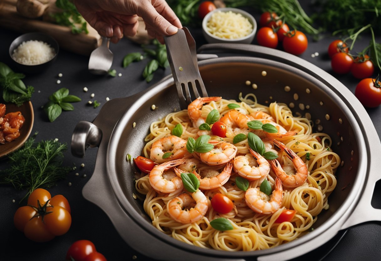 A chef tosses prawns and pasta in a sizzling pan with garlic, herbs, and tomatoes, creating a mouthwatering prawn pasta dish