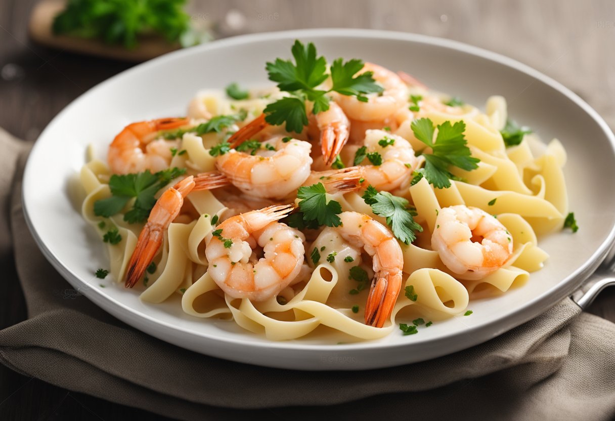 A steaming bowl of prawn pasta with a creamy sauce, topped with fresh parsley, served on a white plate