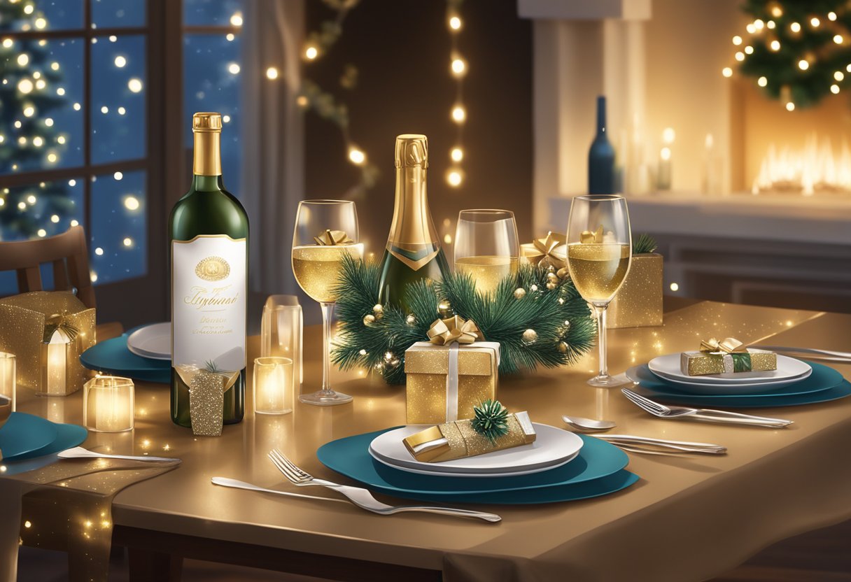 A festive table adorned with custom-branded gift boxes, gourmet treats, and elegant wine bottles. Sparkling lights and holiday decor create a warm and inviting atmosphere