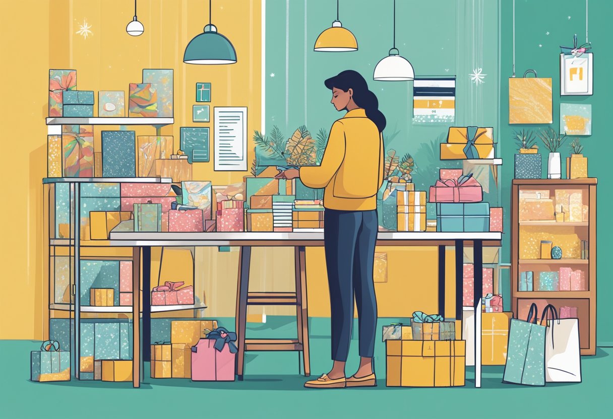 A person stands in front of a table, carefully choosing from an array of unique corporate holiday gift ideas. The table is adorned with various items such as branded merchandise, tech gadgets, and gourmet gift baskets
