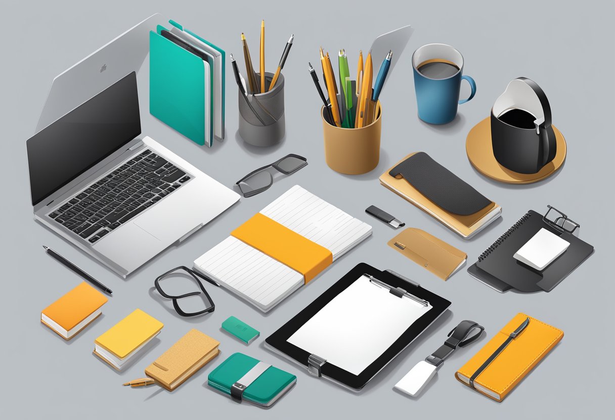 A table with various corporate gift items: branded notebooks, tech gadgets, gourmet gift baskets, and personalized desk accessories