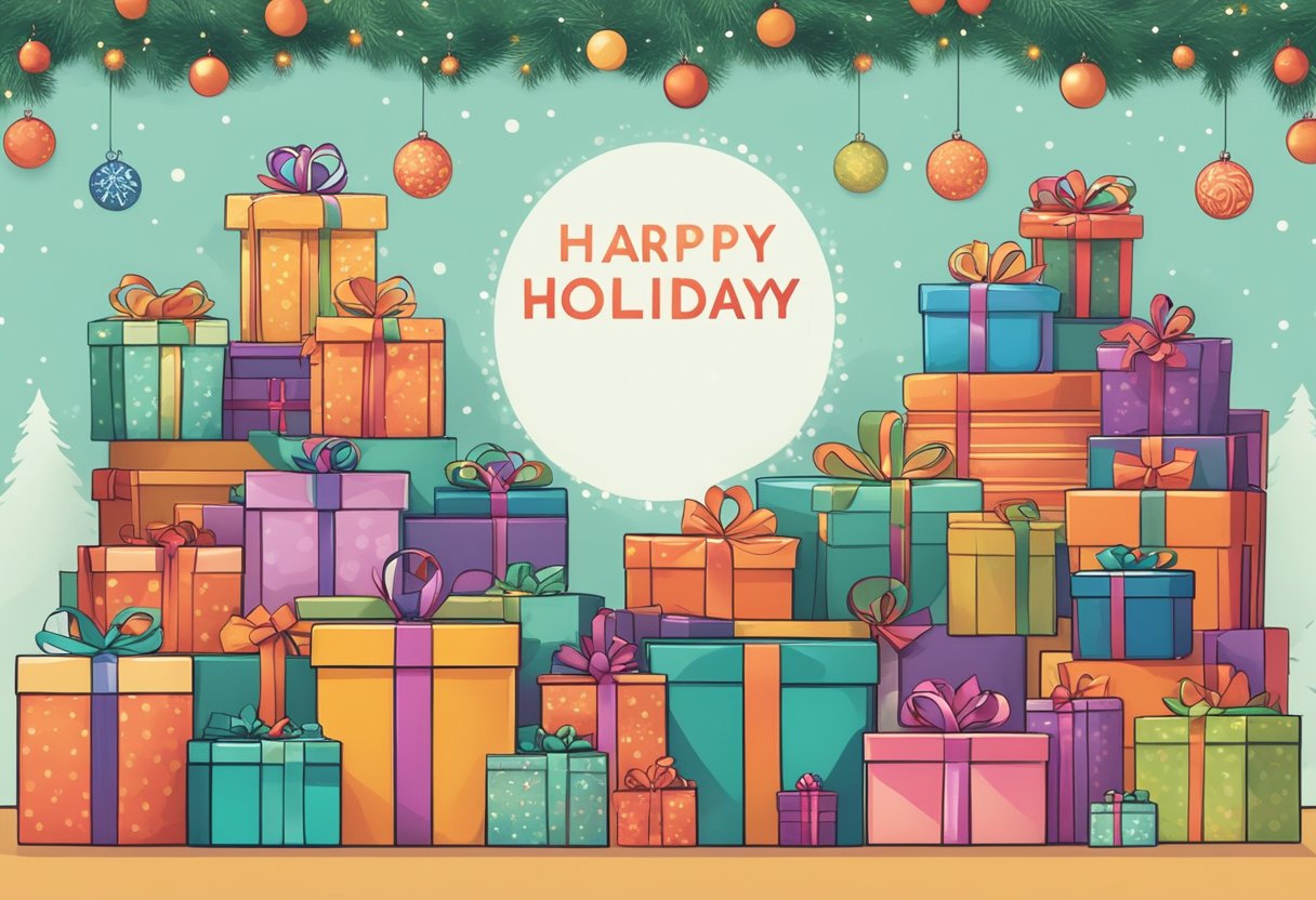 A festive gift display featuring a variety of unique corporate holiday gifts, with labels and price tags, surrounded by cheerful decorations and a holiday-themed backdrop