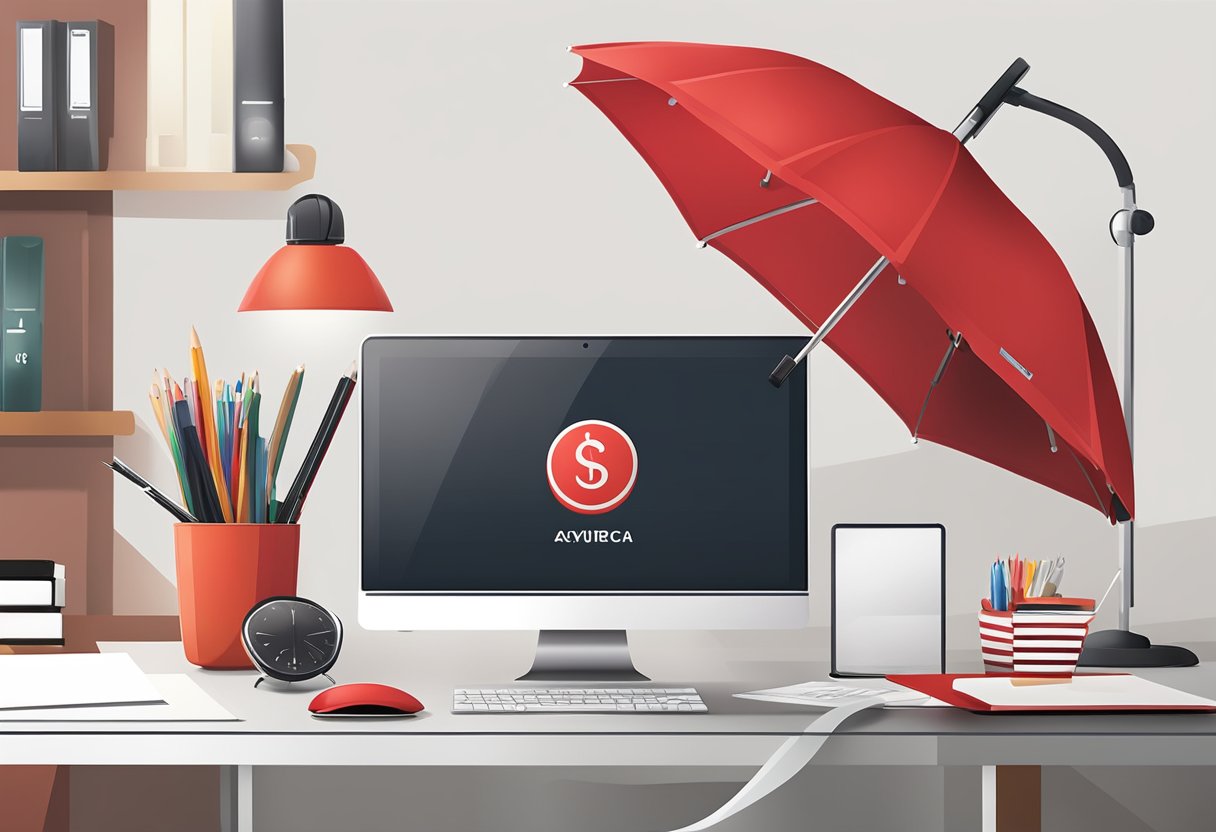 A red umbrella with a corporate logo sits on a sleek desk, surrounded by office supplies and a laptop