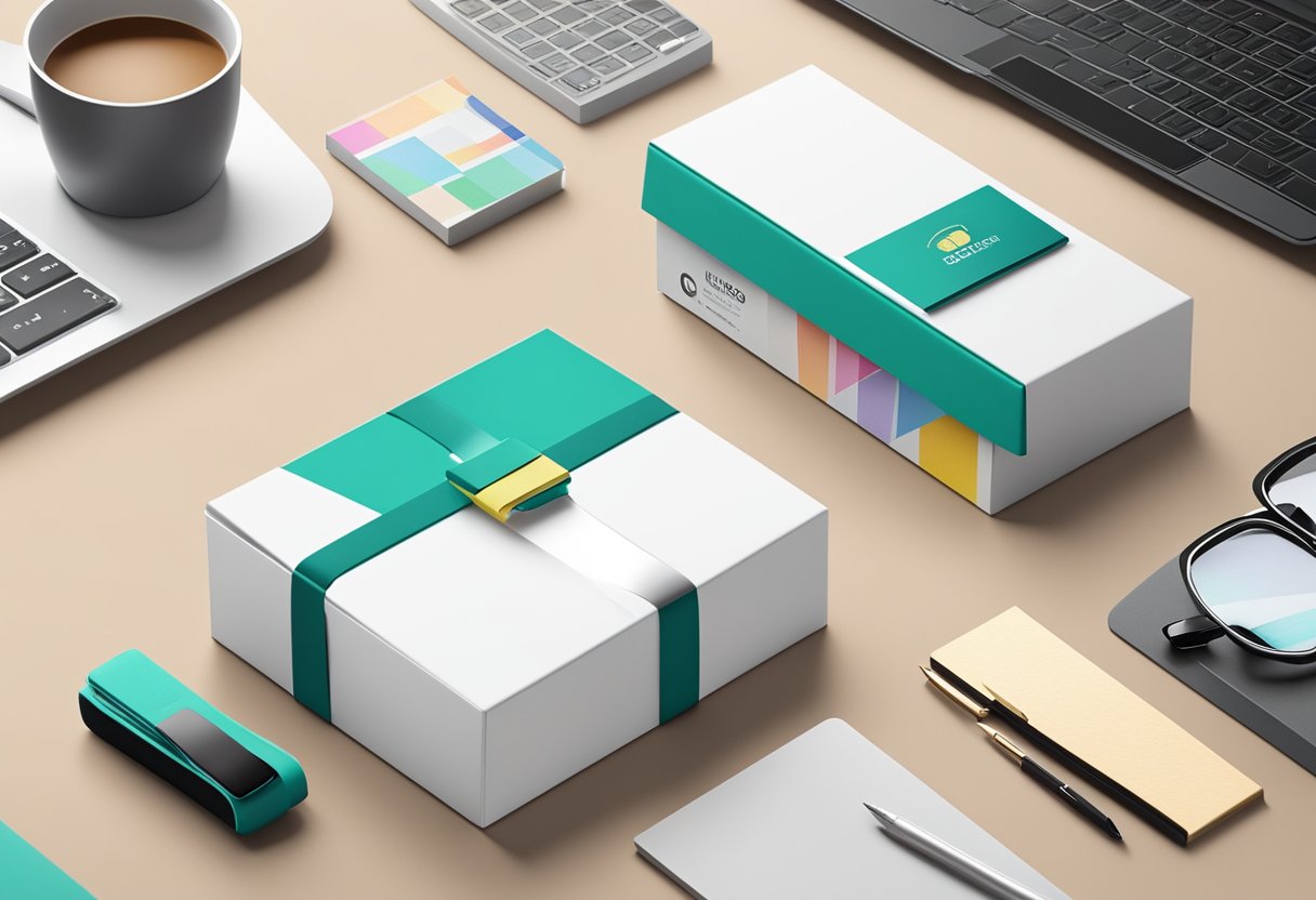 A sleek gift box with a bold logo sits on a modern desk, surrounded by high-end office supplies and tech gadgets