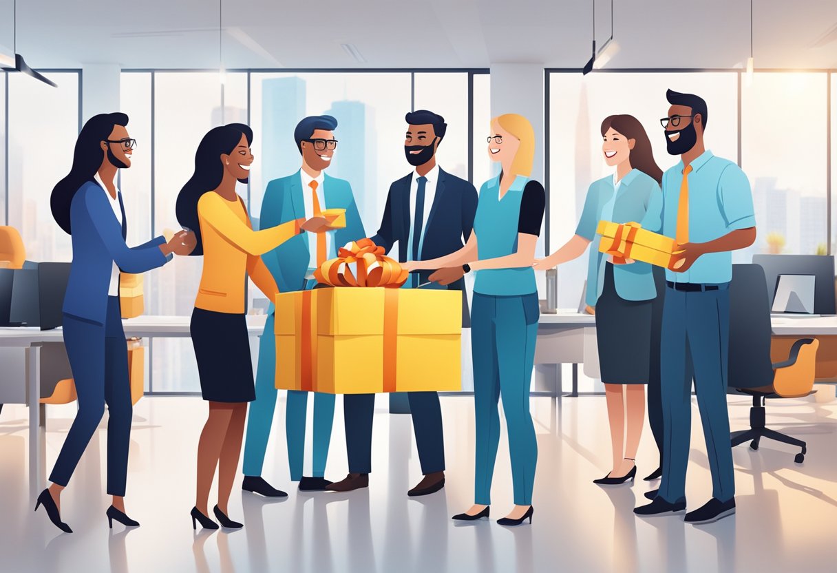 A group of professionals exchanging branded gifts with smiles and handshakes in a modern office setting