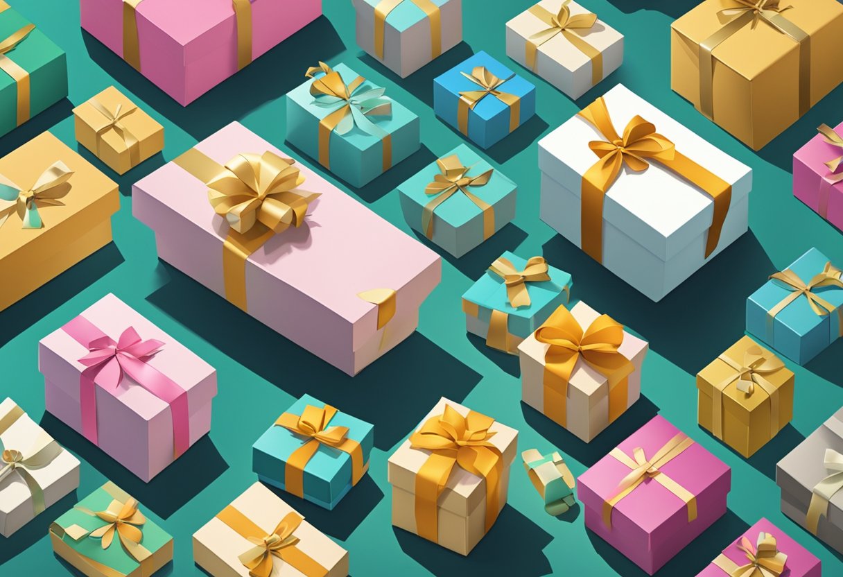 A group of gift boxes with branded logos arranged neatly on a table, surrounded by cheerful recipients expressing delight and gratitude