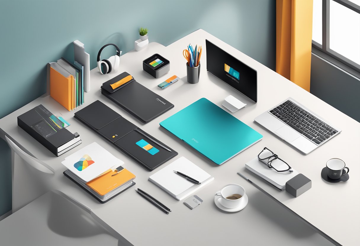 A sleek, modern office desk with branded corporate gifts neatly arranged in a stylish display