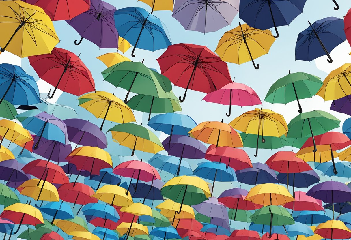 A group of colorful corporate umbrellas arranged in a display, with the company logo prominently featured on each one