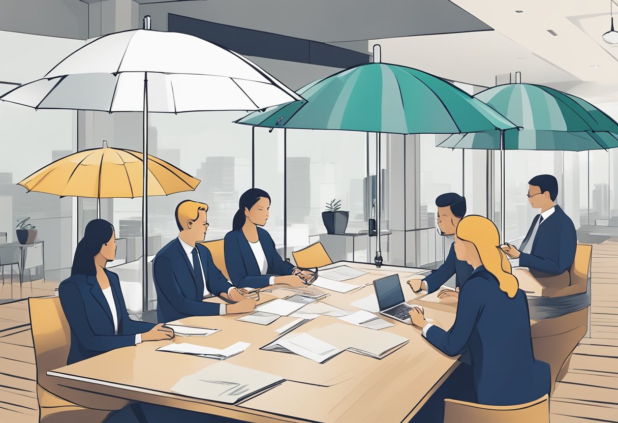 A group of umbrellas, each with a different company logo, are neatly arranged on a table with a branding specialist discussing options with a client