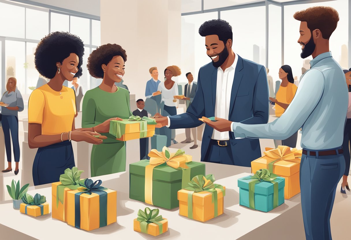 A group of diverse people exchange branded, eco-friendly gifts at a corporate event, showcasing the company's commitment to social responsibility