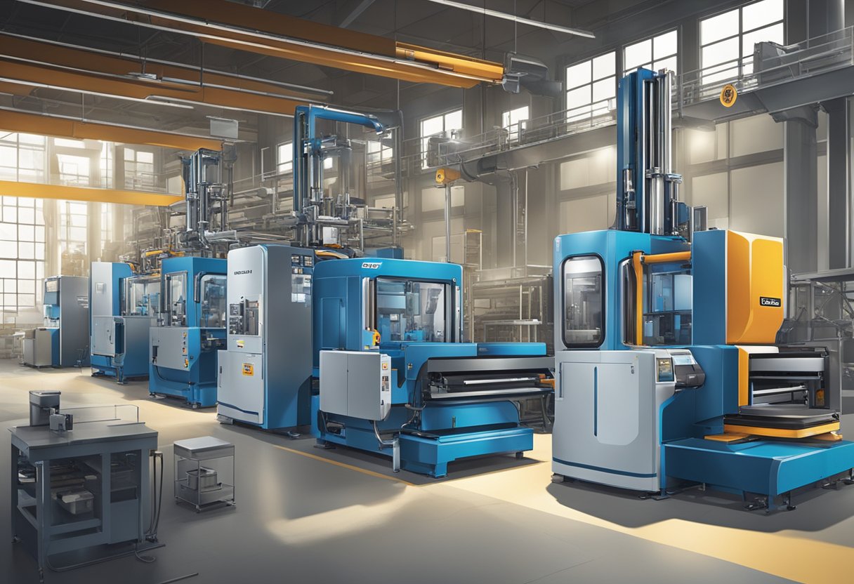 Machines imprinting logos onto various products in a factory setting