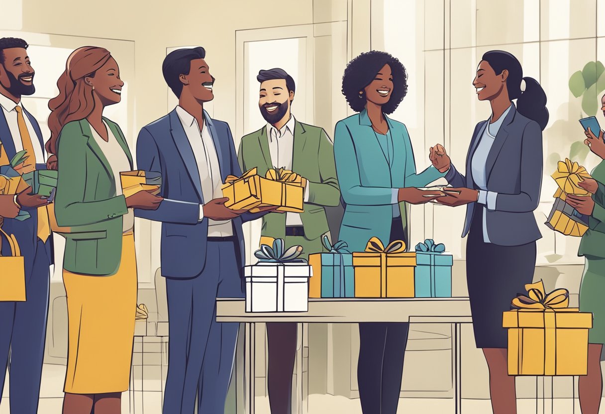 A group of diverse professionals exchanging branded gifts at a corporate event. The gifts are eco-friendly and ethically sourced, reflecting the company's commitment to social responsibility