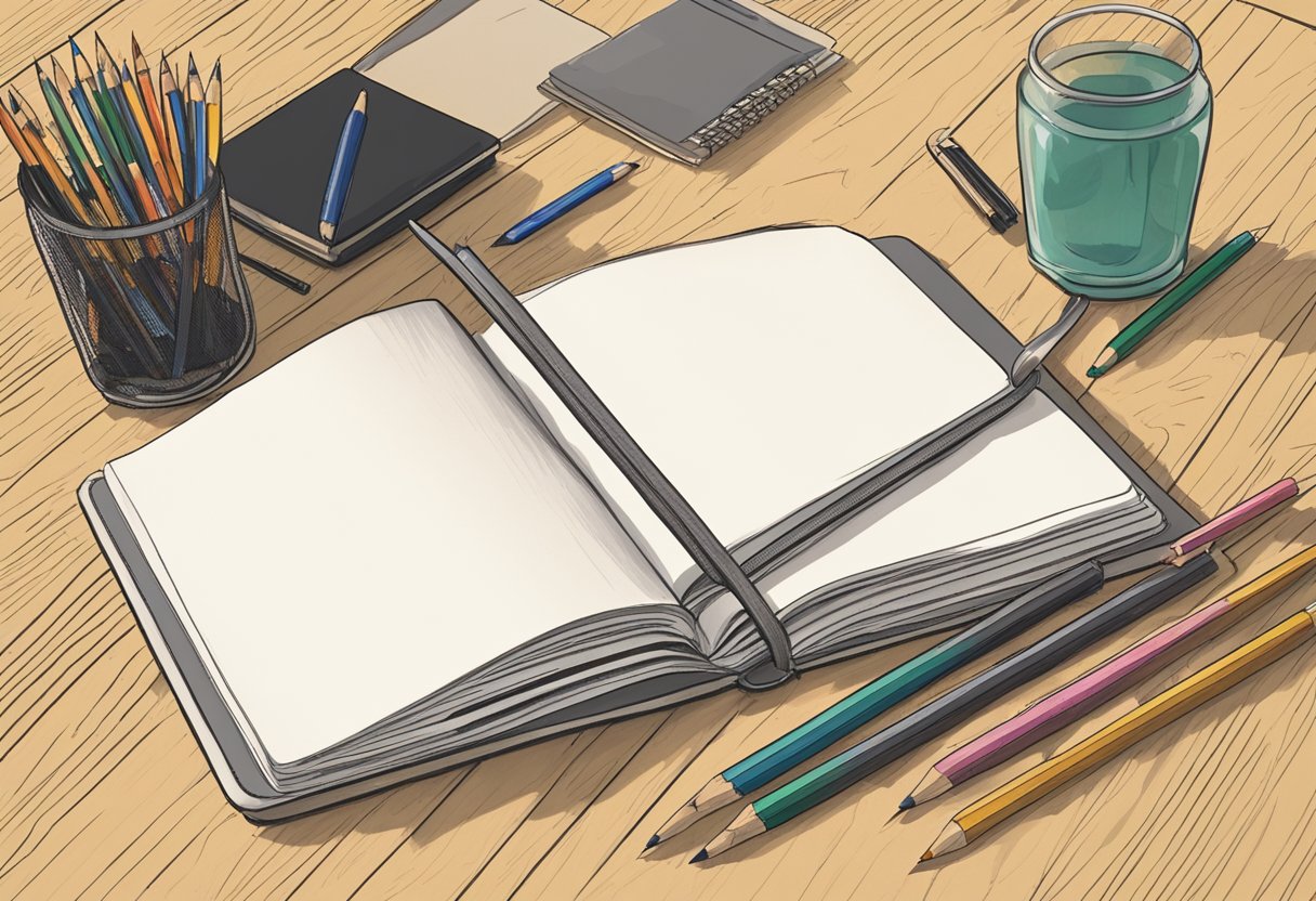 An open Moleskine classic notebook rests on a wooden desk, surrounded by scattered pens and pencils. The pages are blank, waiting to be filled with creative thoughts and ideas