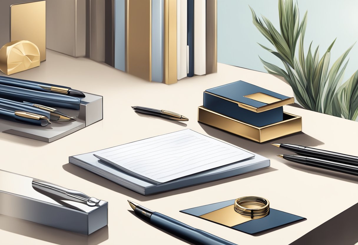 A hand reaches for a luxury pen and card holder on a sleek desk, ready to be packaged as the perfect corporate gift