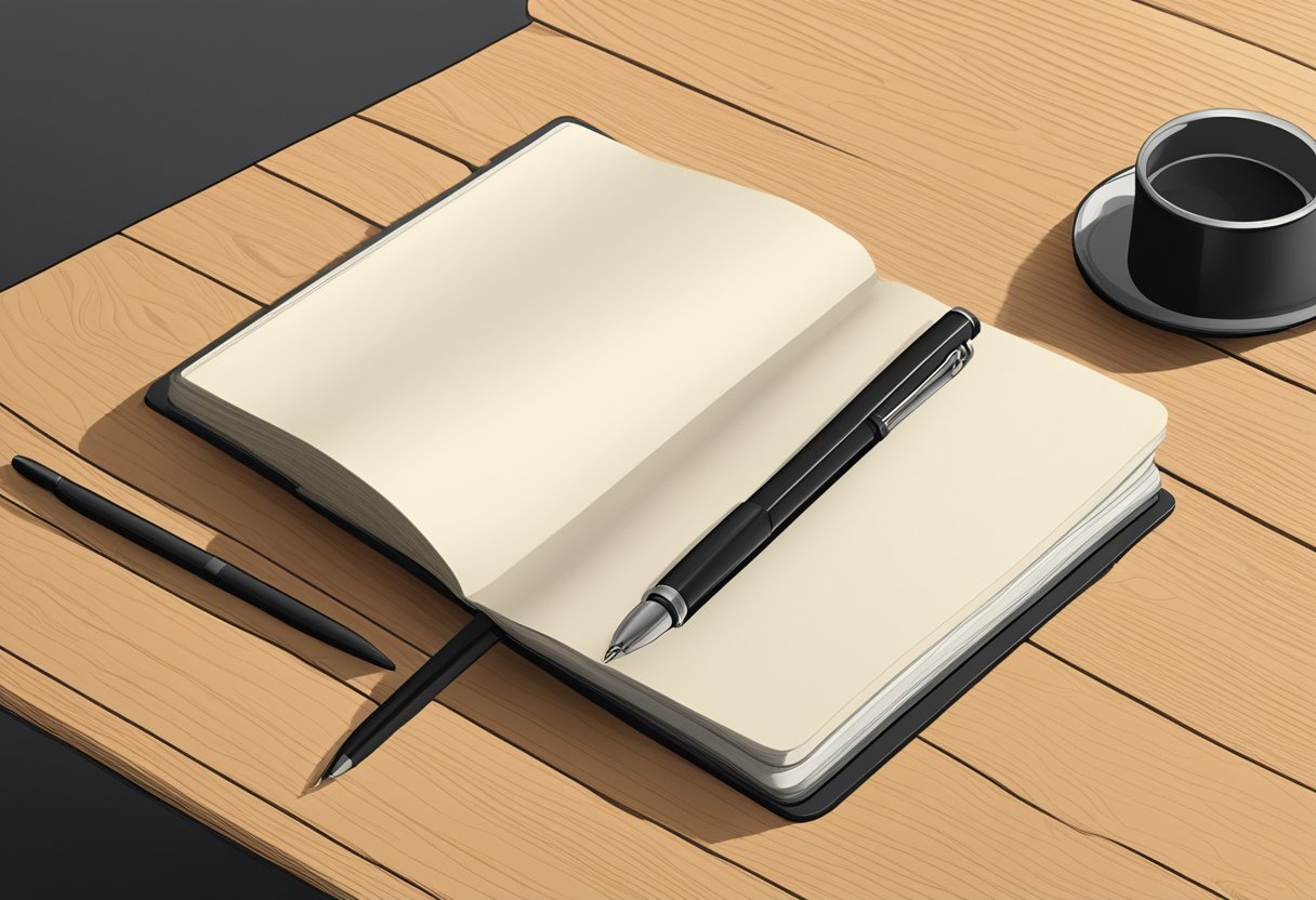 A moleskine classic notebook sits open on a wooden desk, showcasing its sleek black cover and cream-colored pages. A pen rests beside it, ready for use