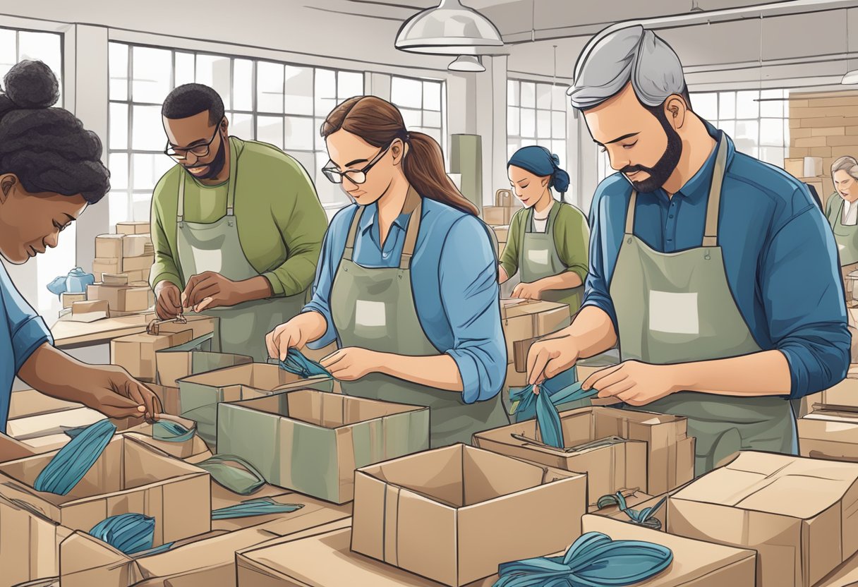 A group of artisans carefully assemble and package sustainable corporate gifts with a purpose, showcasing their dedication to social enterprise