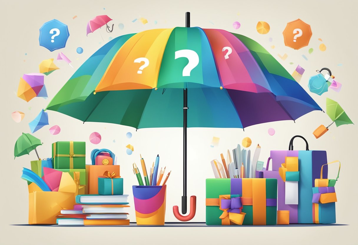 A colorful umbrella with "Frequently Asked Questions" printed on it, surrounded by various corporate gift items