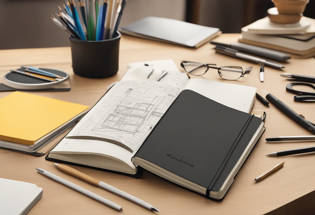 A moleskine classic notebook sits open on a wooden desk, surrounded by various writing utensils. The pages are filled with neatly written notes and sketches, showcasing its versatility and practicality for various uses