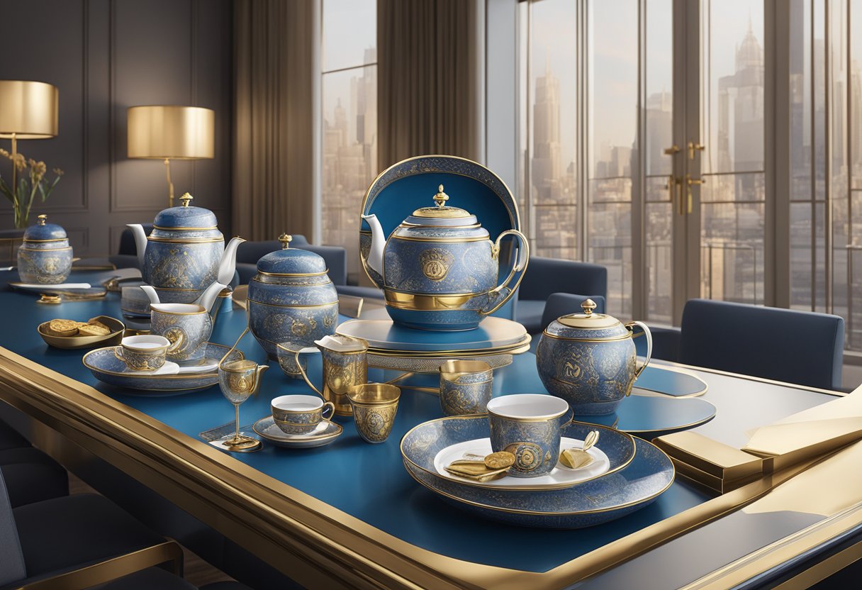 A table adorned with TWG Tea corporate gifts, including tea sets, tea tins, and elegant packaging, displayed in a sleek and modern setting