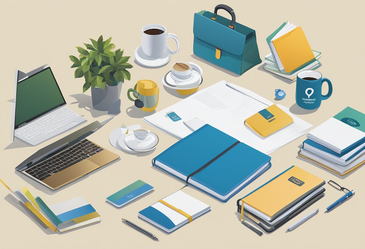 A table with branded corporate gifts, such as notebooks and mugs, displayed. A sign reads "Frequently Asked Questions social enterprise."