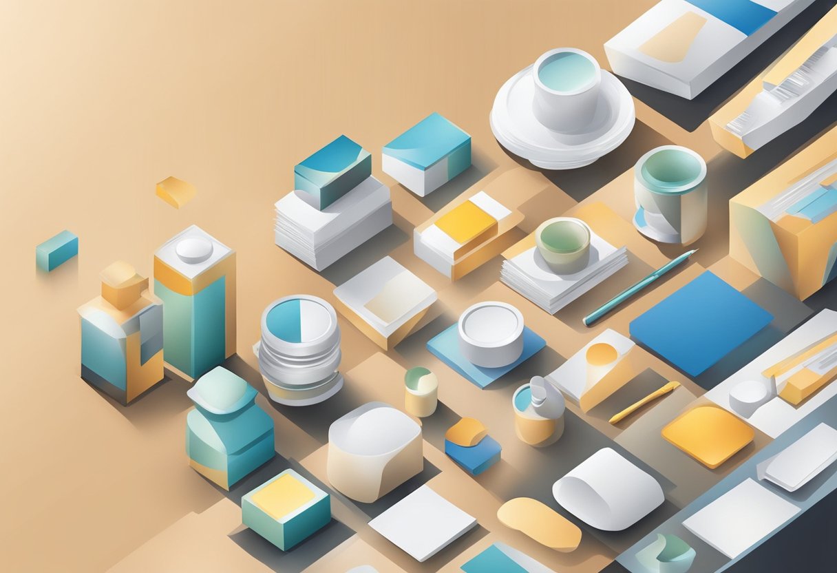 A hand reaches for various products with blank surfaces for logo printing